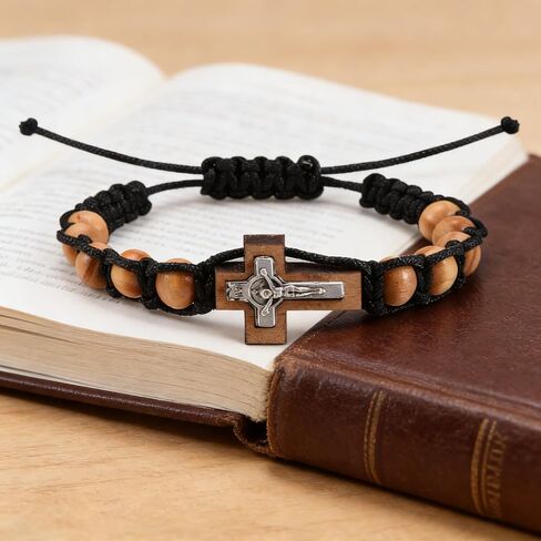 6 Pcs Wrist Rosary Bracelets - Wooden Beads and Nylon String, Adjustable Cross Bracelets, Ideal Gifts for Easter and Baptism in Saudi Arabia
