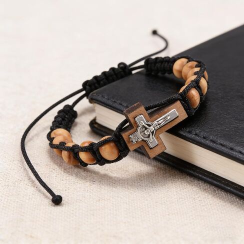 6 Pcs Wrist Rosary Bracelets - Wooden Beads and Nylon String, Adjustable Cross Bracelets, Ideal Gifts for Easter and Baptism in Saudi Arabia