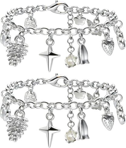 2PCS Charm Bracelet for Women Sterling Silver - Adjustable Dainty Layered Bracelets with 13 Charms, Silver Jewelry Gift for Women in Saudi Arabia