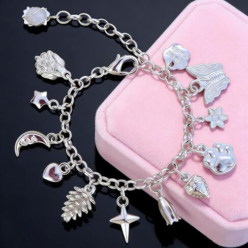 2PCS Charm Bracelet for Women Sterling Silver - Adjustable Dainty Layered Bracelets with 13 Charms, Silver Jewelry Gift for Women in Saudi Arabia