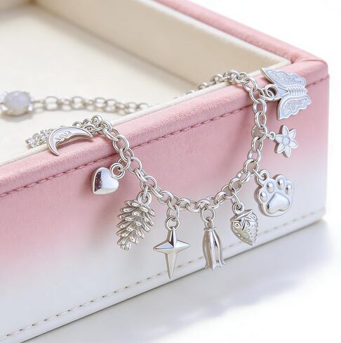 2PCS Charm Bracelet for Women Sterling Silver - Adjustable Dainty Layered Bracelets with 13 Charms, Silver Jewelry Gift for Women in Saudi Arabia