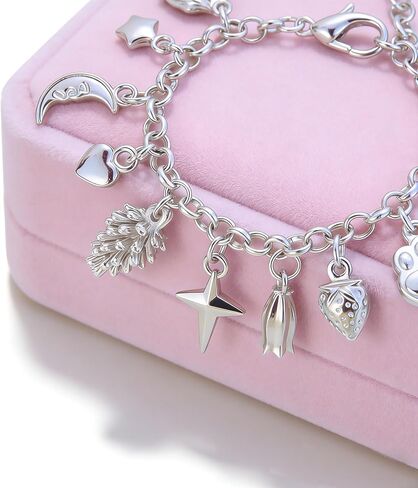2PCS Charm Bracelet for Women Sterling Silver - Adjustable Dainty Layered Bracelets with 13 Charms, Silver Jewelry Gift for Women in Saudi Arabia