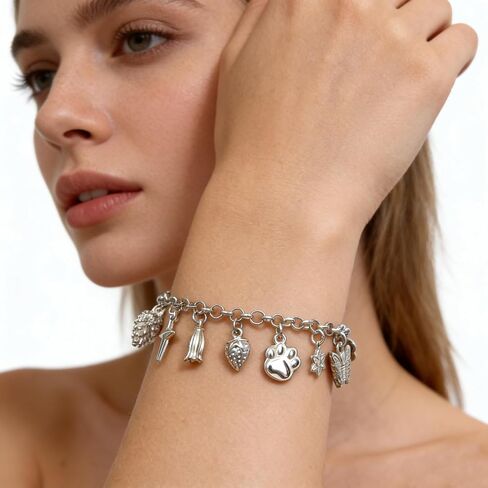 2PCS Charm Bracelet for Women Sterling Silver - Adjustable Dainty Layered Bracelets with 13 Charms, Silver Jewelry Gift for Women in Saudi Arabia
