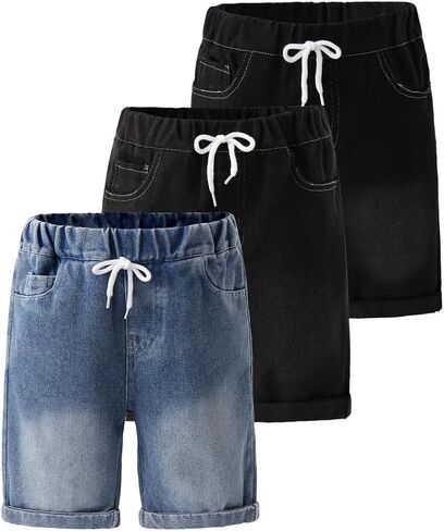 Boys Denim Shorts 3-Pack Pull On Elastic Waist Straight Leg with Pockets Loose Fit Casual Jean Shorts 3-14Y in Kuwait