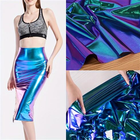 Y3K Holographic Fabric for Skirts: Iridescent Stripe Stretch Spandex, DIY Dancewear in Kuwait