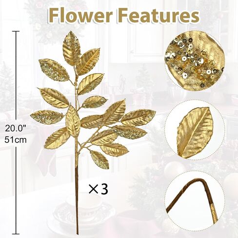 5 Pcs Fake Leaves Plants for Christmas Decor 20 Inch Metallic Gold Artificial Magnolia and Bay Leaves Faux Tropical Leaves with Stems for Holiday Party Decor Christmas Mantle Garland Wreath - Gold in Kuwait