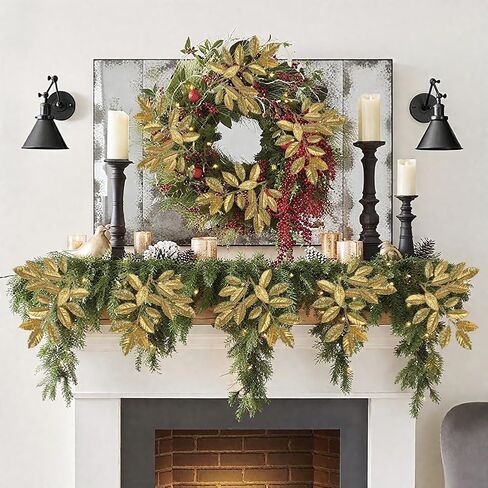 5 Pcs Fake Leaves Plants for Christmas Decor 20 Inch Metallic Gold Artificial Magnolia and Bay Leaves Faux Tropical Leaves with Stems for Holiday Party Decor Christmas Mantle Garland Wreath - Gold in Kuwait
