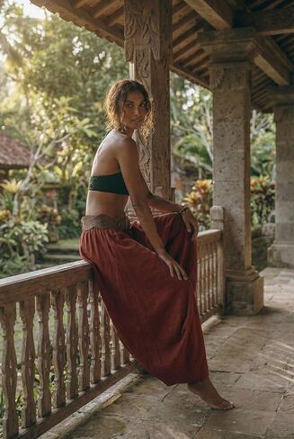 Thaluta Women's Boho Maxi Skirt with Pockets - Organic Cotton Long Flowy Skirt, Casual Elastic Waist Skirt for Vacation in Saudi Arabia