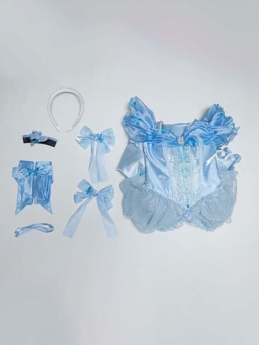 فستان تنكري نسائي من miccostumes ذو أكمام منتفخة باللون الأزرق مع قلادة وعصابة رأس in Kuwait