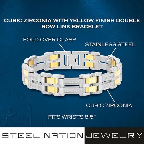 Men's 8.5" Stainless Steel Double Row Link Bracelet with Yellow Finish & Cubic Zirconia in Kuwait