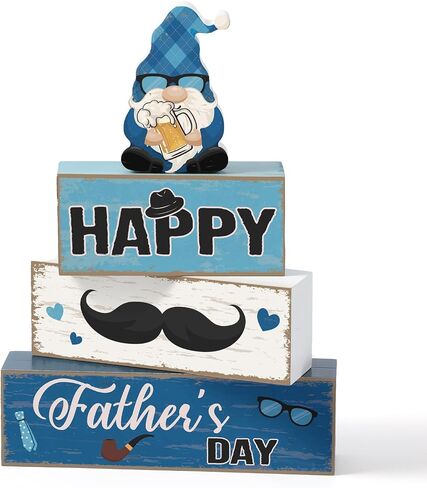 Blosssound 4 Pcs Father's Day Table Decorations Centerpieces Happy Father's Day Wooden Signs Retro Blue White Gnome Block Dad Appreciation Gifts Grandfather Birthday Party Supplies for Shelf Mantel in Kuwait