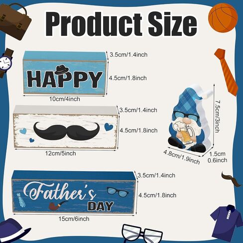 Blosssound 4 Pcs Father's Day Table Decorations Centerpieces Happy Father's Day Wooden Signs Retro Blue White Gnome Block Dad Appreciation Gifts Grandfather Birthday Party Supplies for Shelf Mantel in Kuwait