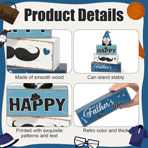 Blosssound 4 Pcs Father's Day Table Decorations Centerpieces Happy Father's Day Wooden Signs Retro Blue White Gnome Block Dad Appreciation Gifts Grandfather Birthday Party Supplies for Shelf Mantel in Kuwait