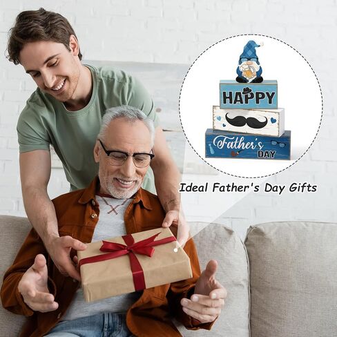 Blosssound 4 Pcs Father's Day Table Decorations Centerpieces Happy Father's Day Wooden Signs Retro Blue White Gnome Block Dad Appreciation Gifts Grandfather Birthday Party Supplies for Shelf Mantel in Kuwait