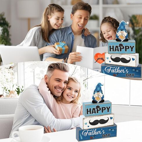 Blosssound 4 Pcs Father's Day Table Decorations Centerpieces Happy Father's Day Wooden Signs Retro Blue White Gnome Block Dad Appreciation Gifts Grandfather Birthday Party Supplies for Shelf Mantel in Kuwait