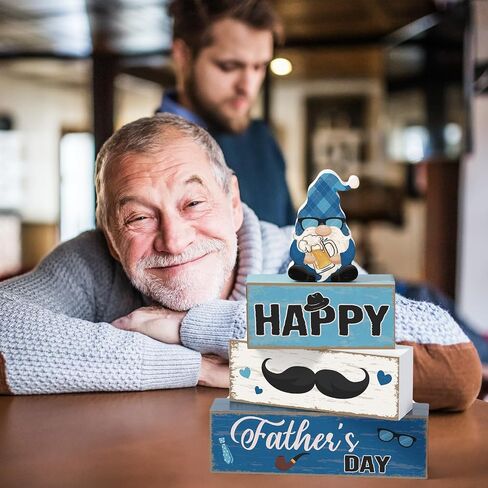 Blosssound 4 Pcs Father's Day Table Decorations Centerpieces Happy Father's Day Wooden Signs Retro Blue White Gnome Block Dad Appreciation Gifts Grandfather Birthday Party Supplies for Shelf Mantel in Kuwait