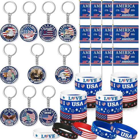 250 Anniversary Bulk Set - 150Pcs USA Patriotic 250 Years 4th of July Accessories with American Keychain, Flags, Silicone Bracelet,Independence Day Freedom Anniversary for Events Party Favors in Saudi Arabia