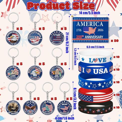 250 Anniversary Bulk Set - 150Pcs USA Patriotic 250 Years 4th of July Accessories with American Keychain, Flags, Silicone Bracelet,Independence Day Freedom Anniversary for Events Party Favors in Saudi Arabia
