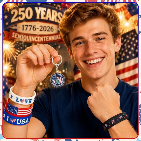 250 Anniversary Bulk Set - 150Pcs USA Patriotic 250 Years 4th of July Accessories with American Keychain, Flags, Silicone Bracelet,Independence Day Freedom Anniversary for Events Party Favors in Saudi Arabia