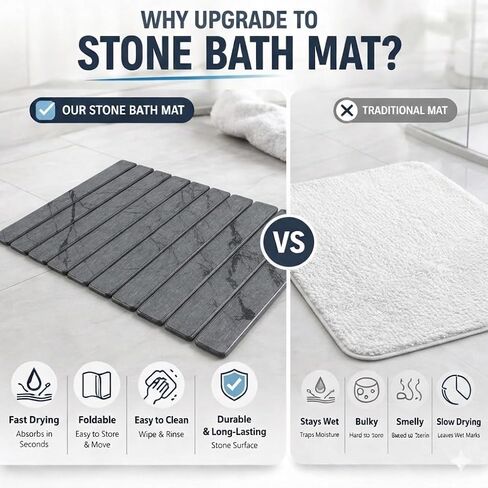 Stone Bath Mat | Foldable Diatomaceous Earth Bath Mat | Marble Print Shower Mat | Super Absorbent Diatomite | Quick Dry | Non-Slip | Bathroom Floor Mat | Easy to Clean | Compact to Store | Mold Free in Kuwait