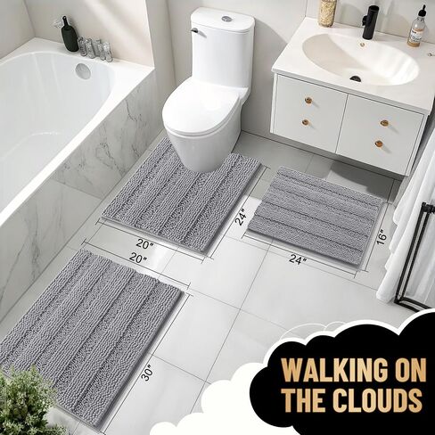 OLANLY Thick Bathroom Rugs Sets 3 Piece, Absorbent Chenille Striped Bath Mats and U-Shaped Contour Toilet Rug, Home Decor Accessories, Bath Mat Set for Bathroom (30"x20"+24"x16"+24"x20", Grey) in Saudi Arabia
