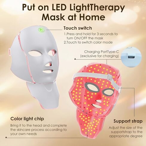 قناع العلاج بالضوء الأحمر للوجه، 7 أوضاع مخصصة مع الأشعة تحت الحمراء، قناع الوجه LED اللاسلكي وقناع الرقبة، USB C محمول قابل لإعادة الشحن للاستخدام المنزلي والسفر واليوجا in Kuwait