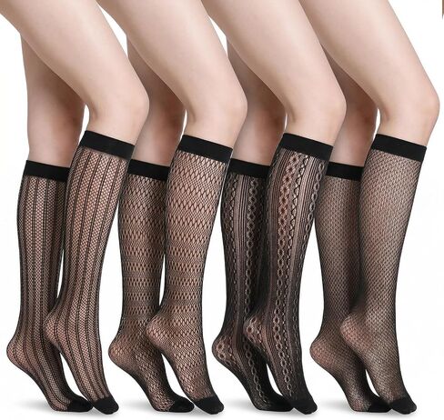 4 Pairs Fishnet Knee High Socks, Hollow Out Calf Socks Lace Fishnet Stockings for Women Stretchable Semi Sheer Stylish Black Lace Stockings in Saudi Arabia