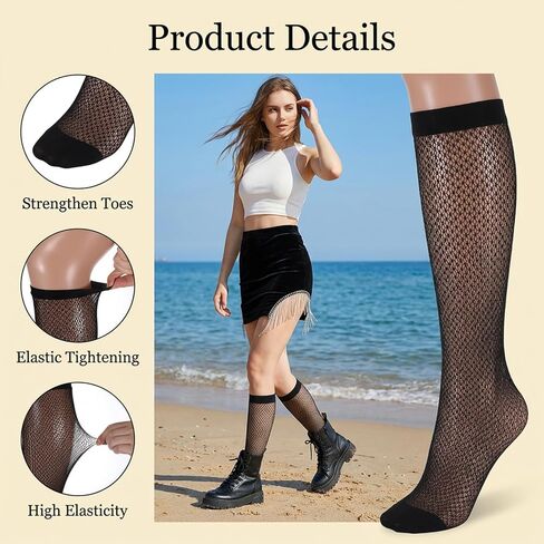 4 Pairs Fishnet Knee High Socks, Hollow Out Calf Socks Lace Fishnet Stockings for Women Stretchable Semi Sheer Stylish Black Lace Stockings in Saudi Arabia