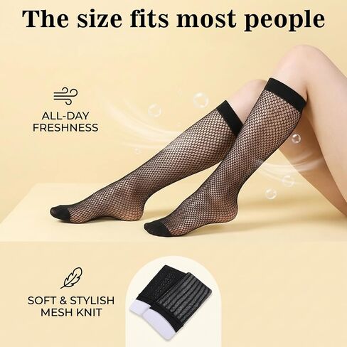 4 Pairs Fishnet Knee High Socks, Hollow Out Calf Socks Lace Fishnet Stockings for Women Stretchable Semi Sheer Stylish Black Lace Stockings in Saudi Arabia