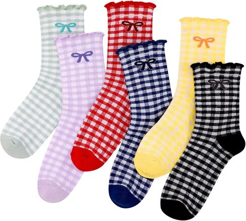 Cute Ruffle Socks for Women 6 Pairs, Retro Frilly Crew Dress Socks with Bow, Breathable Casual Ankle Sock for Sneakers, Boots Flats in Saudi Arabia