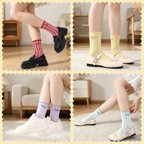 Cute Ruffle Socks for Women 6 Pairs, Retro Frilly Crew Dress Socks with Bow, Breathable Casual Ankle Sock for Sneakers, Boots Flats in Saudi Arabia