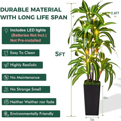 شجرة Dracaena الاصطناعية بطول 5 أقدام، نباتات وهمية مع زارع أسود طويل القامة - شجرة وهمية طويلة نباتات صناعية للأرضيات الداخلية مع طحالب - نباتات صناعية داخلية للمكتب وغرفة المعيشة وديكور المنزل in Kuwait