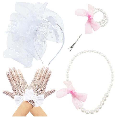 YAXAMING Fascinators Hat Bow Gloves Pearl Necklace Bracelets Flower Mesh Veil Feather Headband Hair Clips 20s Headpiece Headwear Women Halloween Cocktail Wedding Carnival Tea Party Accessories Pink in Saudi Arabia