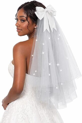 White Short Veil for Bachelorette Party & Women Wedding, Pearl Bow Bride dresses for bride, velos de novia in Saudi Arabia
