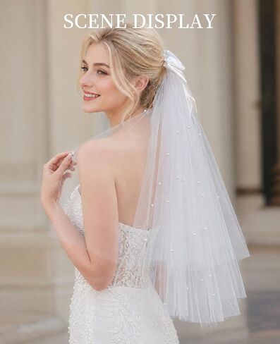 White Short Veil for Bachelorette Party & Women Wedding, Pearl Bow Bride dresses for bride, velos de novia in Saudi Arabia