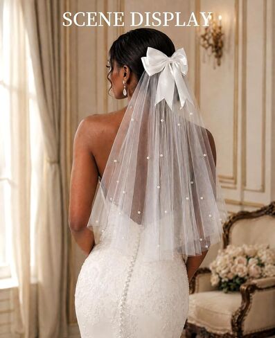 White Short Veil for Bachelorette Party & Women Wedding, Pearl Bow Bride dresses for bride, velos de novia in Saudi Arabia