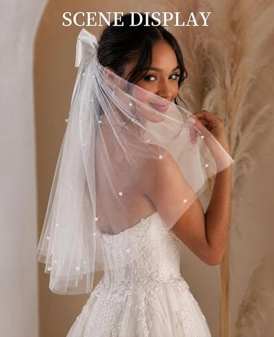 White Short Veil for Bachelorette Party & Women Wedding, Pearl Bow Bride dresses for bride, velos de novia in Saudi Arabia