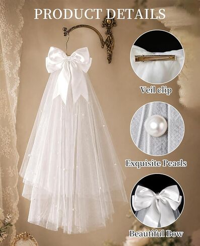 White Short Veil for Bachelorette Party & Women Wedding, Pearl Bow Bride dresses for bride, velos de novia in Saudi Arabia