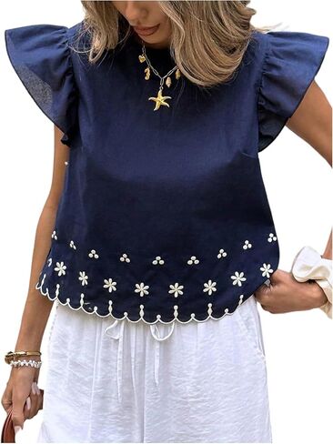WDIRARA Women's Embroidered Ruffle Cap Sleeve Tops Crew Neck Scallop Trim Blouse Vacation Tops in Kuwait