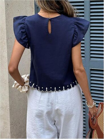 WDIRARA Women's Embroidered Ruffle Cap Sleeve Tops Crew Neck Scallop Trim Blouse Vacation Tops in Kuwait