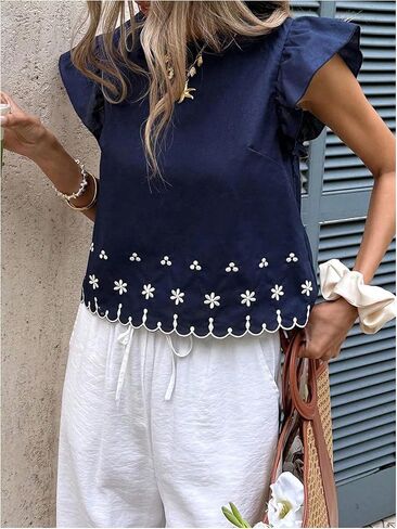 WDIRARA Women's Embroidered Ruffle Cap Sleeve Tops Crew Neck Scallop Trim Blouse Vacation Tops in Kuwait