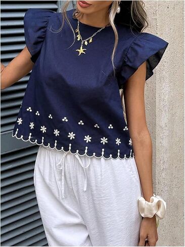 WDIRARA Women's Embroidered Ruffle Cap Sleeve Tops Crew Neck Scallop Trim Blouse Vacation Tops in Kuwait