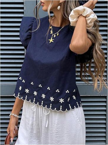 WDIRARA Women's Embroidered Ruffle Cap Sleeve Tops Crew Neck Scallop Trim Blouse Vacation Tops in Kuwait