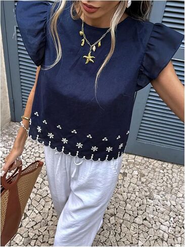 WDIRARA Women's Embroidered Ruffle Cap Sleeve Tops Crew Neck Scallop Trim Blouse Vacation Tops in Kuwait