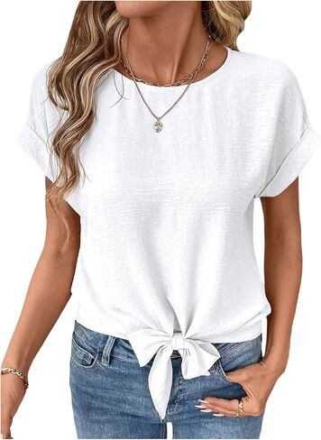 SOLY HUX Women's Summer Tie Knot Front Blouse Crew Neck Short Sleeve Dressy Casual Work Tops in Kuwait