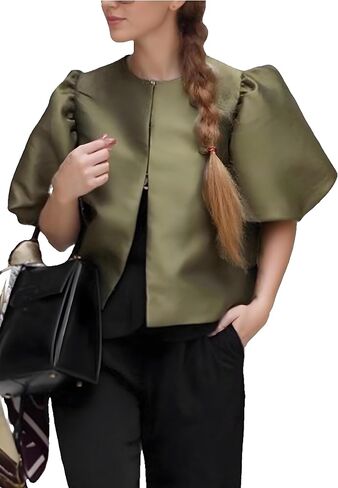 Women's Satin Silk Dressy Tops Puff Bubble Short Sleeve Loose Classy Elegant Evening Party Crop Blouses Shirts in Kuwait