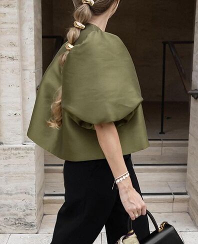 Women's Satin Silk Dressy Tops Puff Bubble Short Sleeve Loose Classy Elegant Evening Party Crop Blouses Shirts in Kuwait