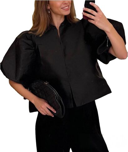 Women's Satin Silk Dressy Tops Puff Bubble Short Sleeve Loose Classy Elegant Evening Party Crop Blouses Shirts in Kuwait