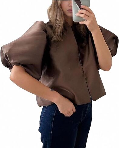 Women's Satin Silk Dressy Tops Puff Bubble Short Sleeve Loose Classy Elegant Evening Party Crop Blouses Shirts in Kuwait