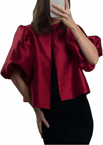 Women's Satin Silk Dressy Tops Puff Bubble Short Sleeve Loose Classy Elegant Evening Party Crop Blouses Shirts in Kuwait